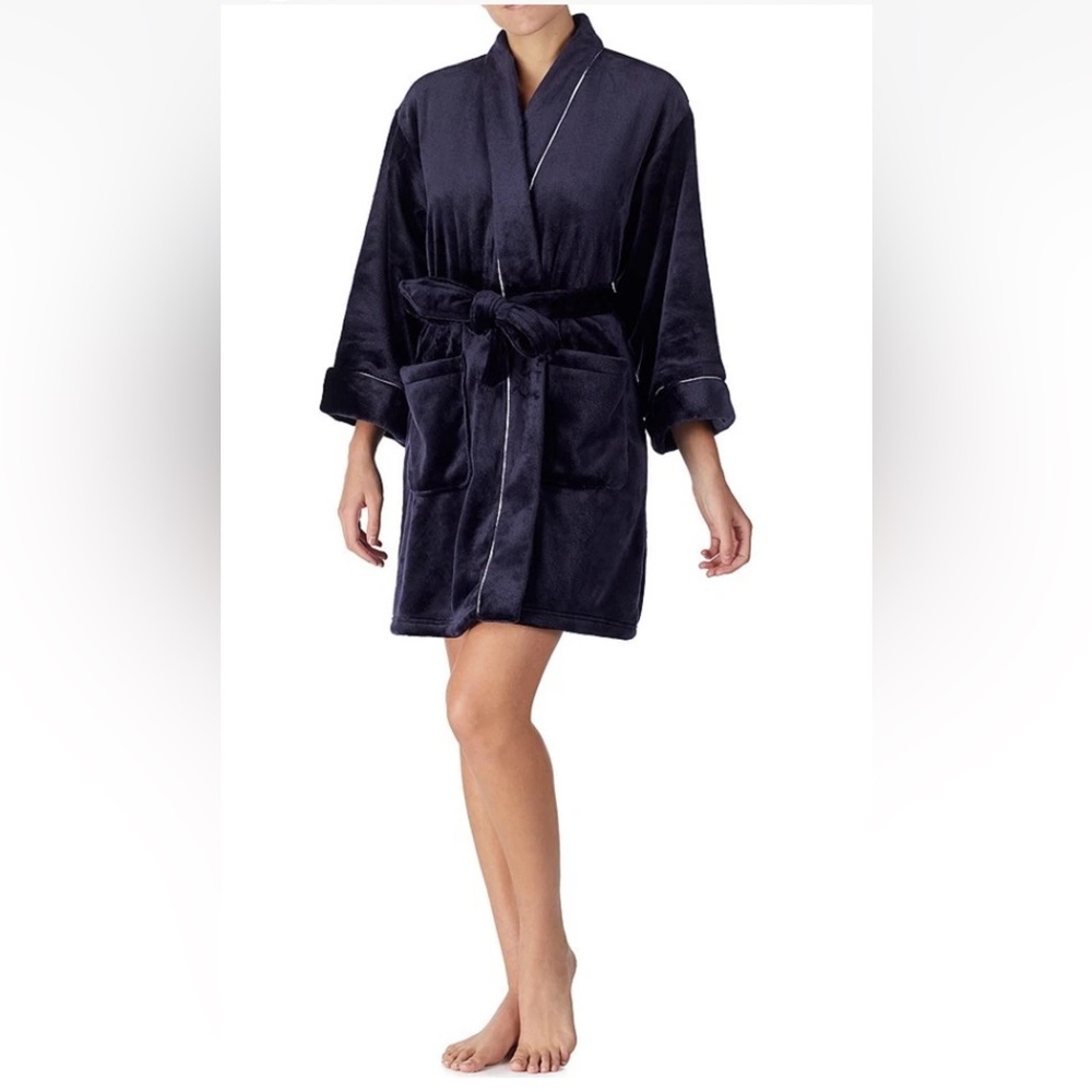 NWOT Kate Spade Plush Navy Robe Hope Peace Cookies Embroidered Soft Cozy Sz M